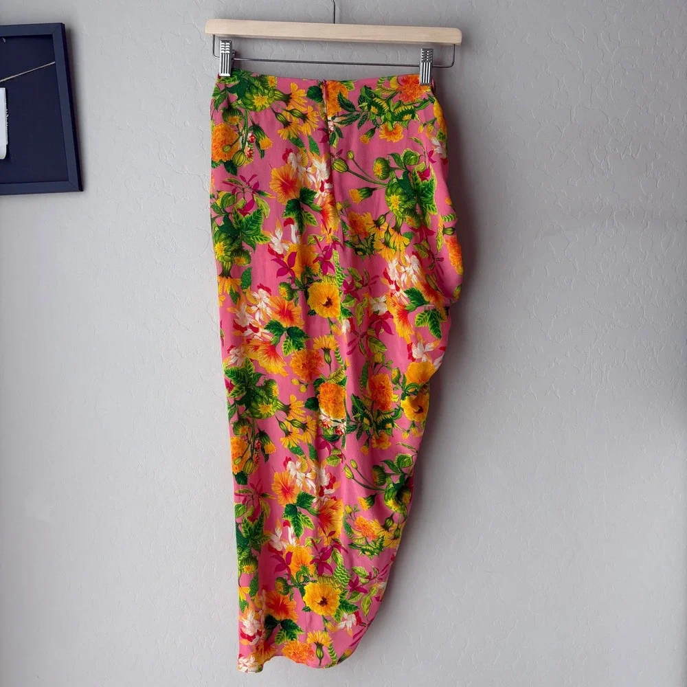La Fuori Skirt Pink‎ Floral Print Silk Maxi Skirt w Drawstring Ruched